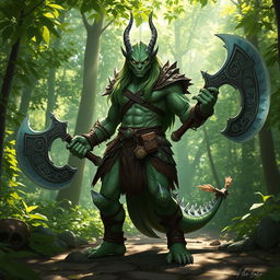 A powerful dragonkin warrior standing confidently in a lush, green forest