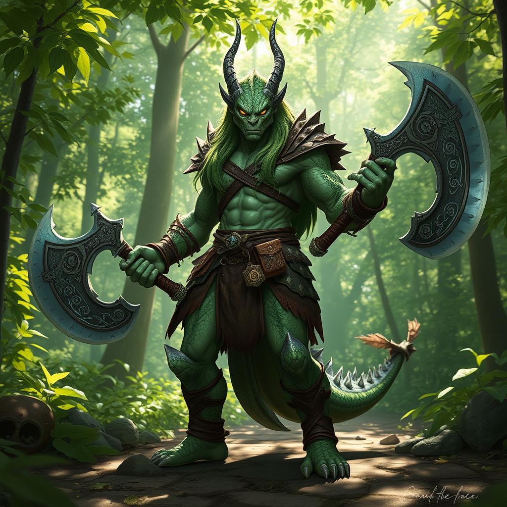 A powerful dragonkin warrior standing confidently in a lush, green forest