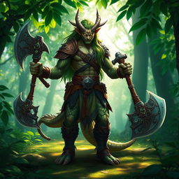 A powerful dragonkin warrior standing confidently in a lush, green forest