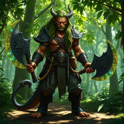 A powerful dragonkin warrior standing confidently in a lush, green forest