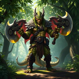 A powerful dragonkin warrior standing confidently in a lush, green forest