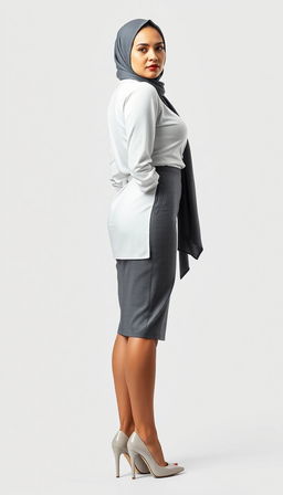 A striking full-body image of a woman aged around 40, standing tall in high tied platform heels, with a confident posture
