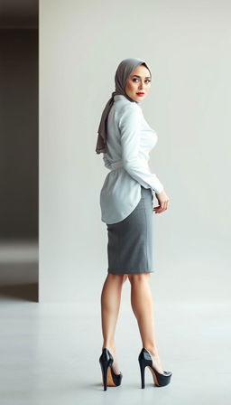 A striking full-body image of a woman aged around 40, standing tall in high tied platform heels, with a confident posture