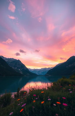 A stunning landscape of a serene lake surrounded by majestic mountains under a vibrant sunset