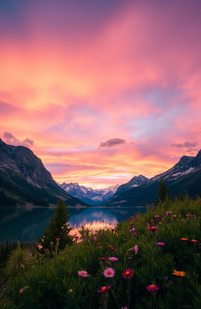 A stunning landscape of a serene lake surrounded by majestic mountains under a vibrant sunset