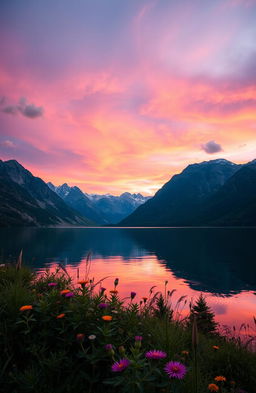 A stunning landscape of a serene lake surrounded by majestic mountains under a vibrant sunset