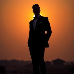 A striking silhouette of a man in a classic tuxedo, standing confidently with a relaxed pose