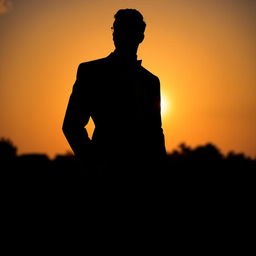 A striking silhouette of a man in a classic tuxedo, standing confidently with a relaxed pose