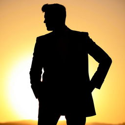 A striking silhouette of a man in a classic tuxedo, standing confidently with a relaxed pose