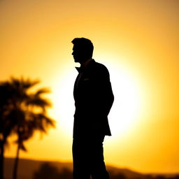 A striking silhouette of a man in a classic tuxedo, standing confidently with a relaxed pose