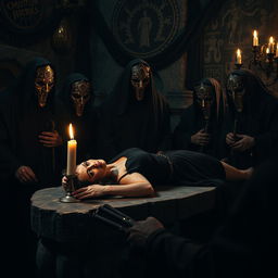 A woman in a state of disgrace, lying on a stone table within a dark, atmospheric dungeon