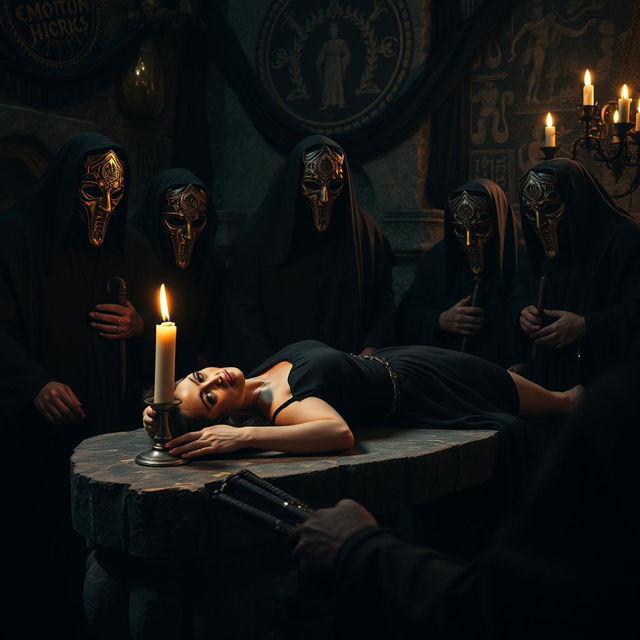 A woman in a state of disgrace, lying on a stone table within a dark, atmospheric dungeon