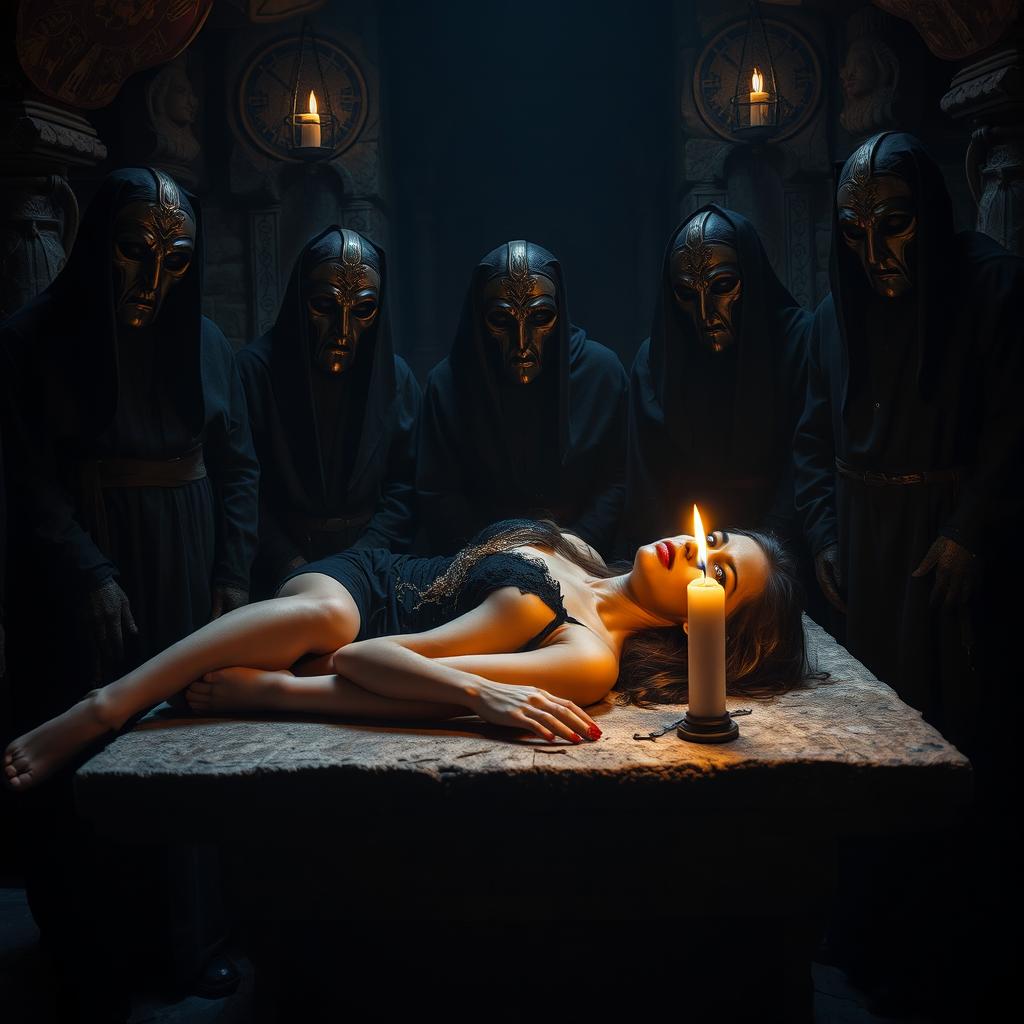 A woman in a state of disgrace, lying on a stone table within a dark, atmospheric dungeon