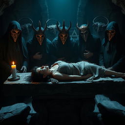 A woman in a state of disgrace, lying on a stone table within a dark, atmospheric dungeon