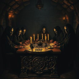 An esoteric ritual taking place in a dark, atmospheric dungeon
