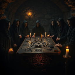 An esoteric ritual taking place in a dark, atmospheric dungeon