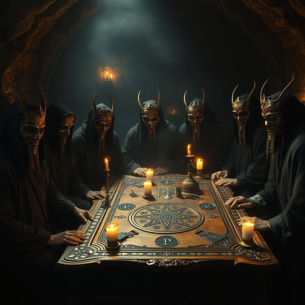 An esoteric ritual taking place in a dark, atmospheric dungeon