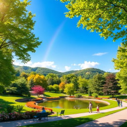 An outdoor scene depicting a serene park setting filled with vibrant green trees, colorful flower beds, and a clear, blue sky