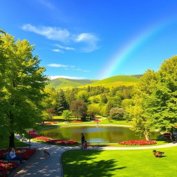 An outdoor scene depicting a serene park setting filled with vibrant green trees, colorful flower beds, and a clear, blue sky