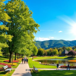 An outdoor scene depicting a serene park setting filled with vibrant green trees, colorful flower beds, and a clear, blue sky