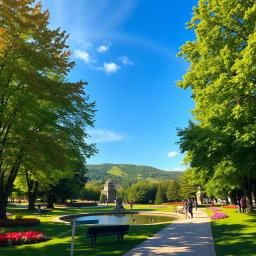 An outdoor scene depicting a serene park setting filled with vibrant green trees, colorful flower beds, and a clear, blue sky