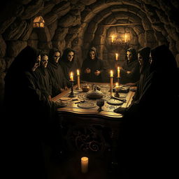 A side view of an esoteric ritual taking place in a dark dungeon