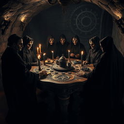 A side view of an esoteric ritual taking place in a dark dungeon