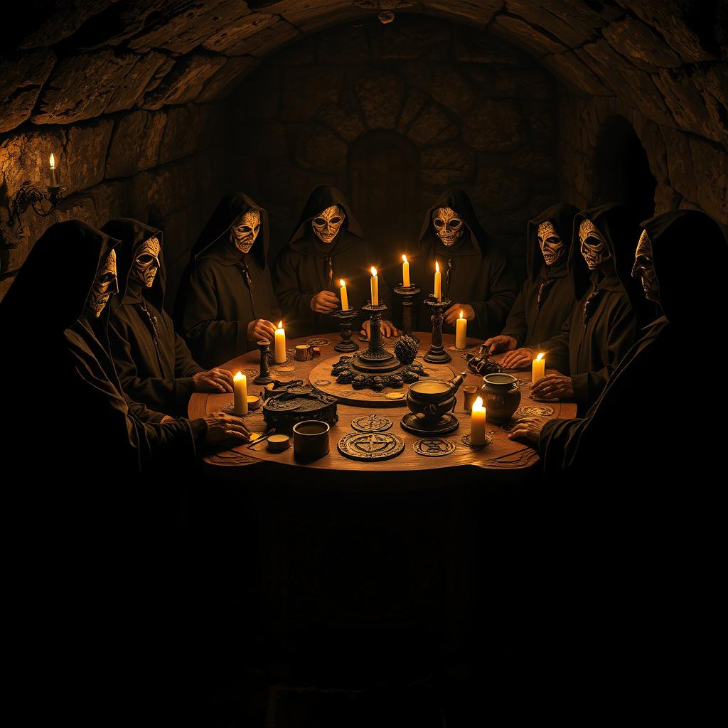 A side view of an esoteric ritual taking place in a dark dungeon