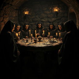 A side view of an esoteric ritual taking place in a dark dungeon