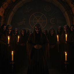 A front view image of an esoteric ritual taking place in a dark, atmospheric dungeon