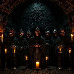 A front view image of an esoteric ritual taking place in a dark, atmospheric dungeon