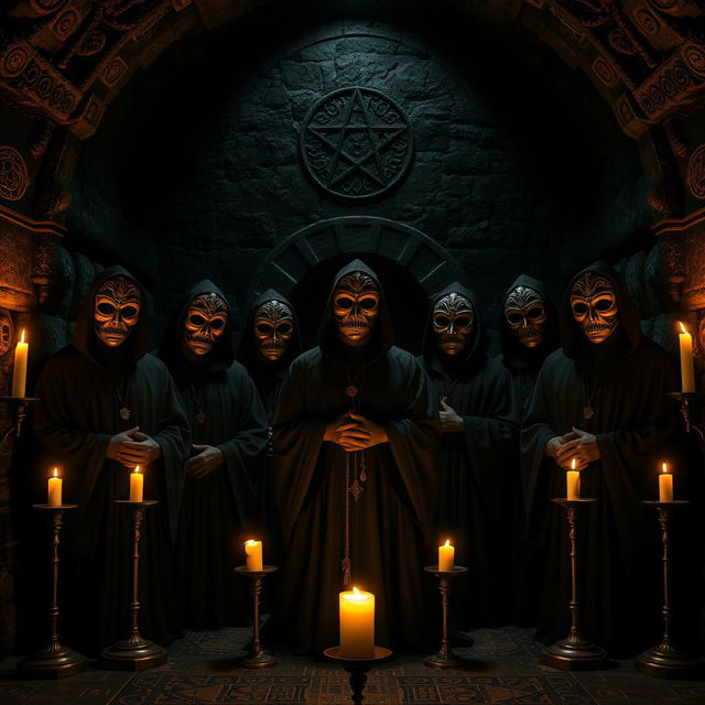 A front view image of an esoteric ritual taking place in a dark, atmospheric dungeon
