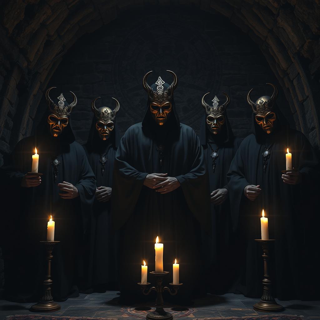 A front view image of an esoteric ritual taking place in a dark, atmospheric dungeon