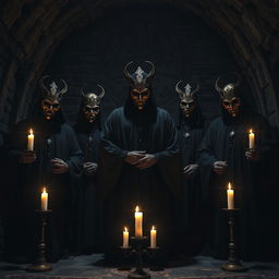 A front view image of an esoteric ritual taking place in a dark, atmospheric dungeon