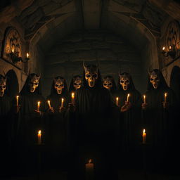 A front view image of an esoteric ritual taking place in a dark, atmospheric dungeon