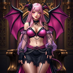 A realistic portrayal of a sexy dominatrix gothic anime succubus girl with wings, thin horns, and a tail