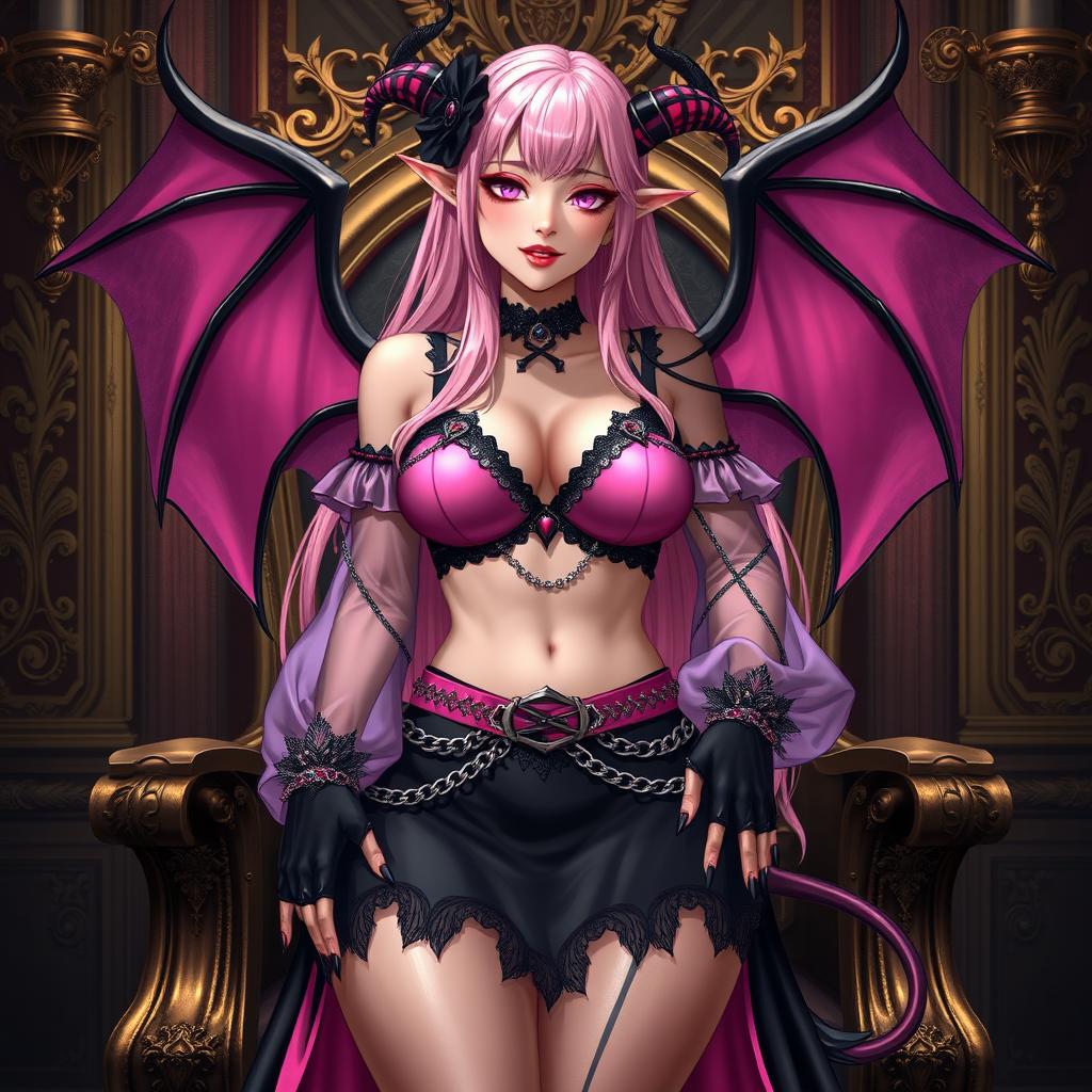 A realistic portrayal of a sexy dominatrix gothic anime succubus girl with wings, thin horns, and a tail