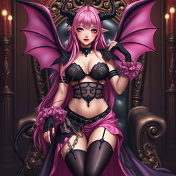 A realistic portrayal of a sexy dominatrix gothic anime succubus girl with wings, thin horns, and a tail