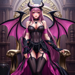 A realistic portrayal of a sexy dominatrix gothic anime succubus girl with wings, thin horns, and a tail