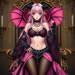 A realistic portrayal of a sexy dominatrix gothic anime succubus girl with wings, thin horns, and a tail