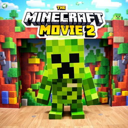 A vibrant and eye-catching cardboard movie display for 'A Minecraft Movie 2', featuring a highly realistic live action creeper character prominently in the center