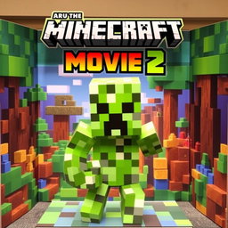 A vibrant and eye-catching cardboard movie display for 'A Minecraft Movie 2', featuring a highly realistic live action creeper character prominently in the center