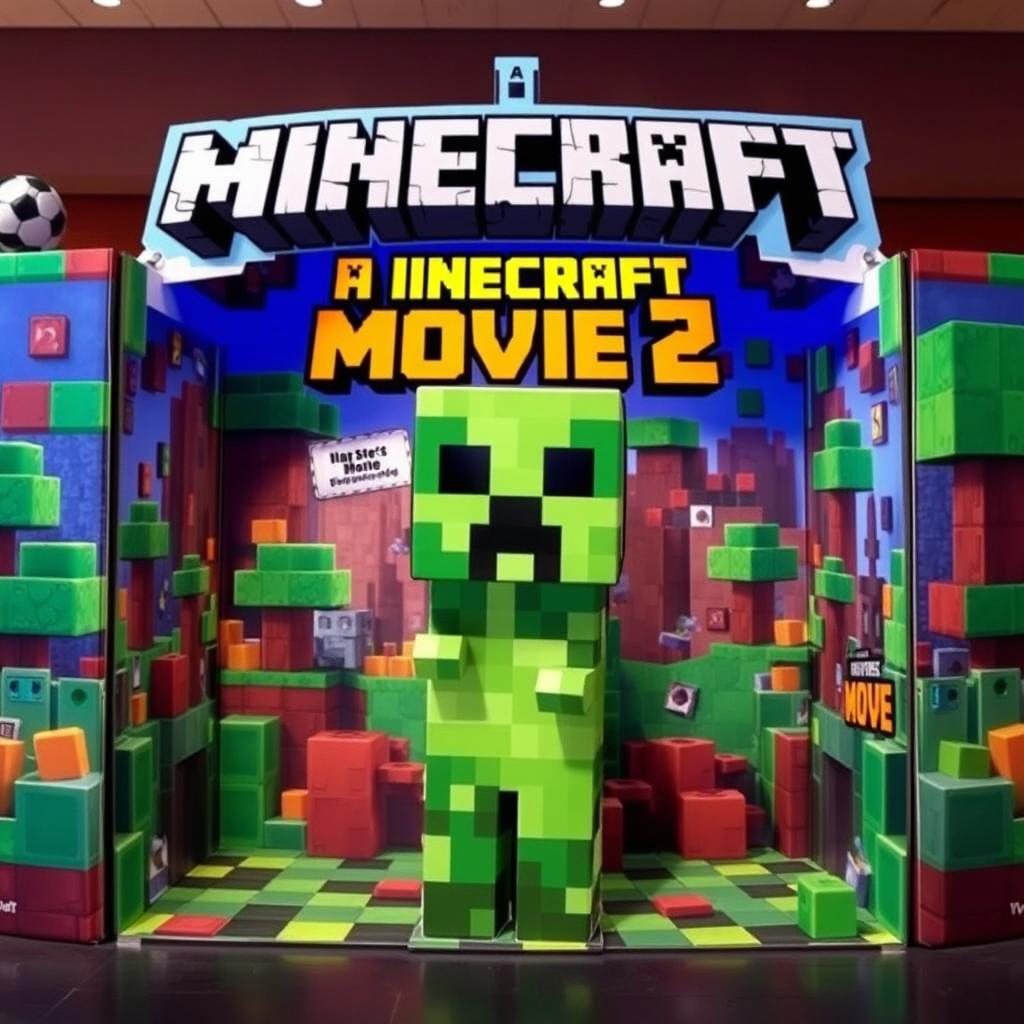 A vibrant and eye-catching cardboard movie display for 'A Minecraft Movie 2', featuring a highly realistic live action creeper character prominently in the center