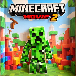 A vibrant and eye-catching cardboard movie display for 'A Minecraft Movie 2', featuring a highly realistic live action creeper character prominently in the center