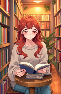 A red-haired girl sitting in a cozy bookstore, engrossed in a book