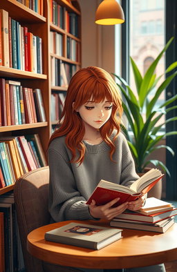 A red-haired girl sitting in a cozy bookstore, engrossed in a book