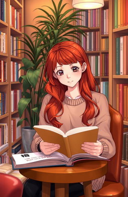 A red-haired girl sitting in a cozy bookstore, engrossed in a book