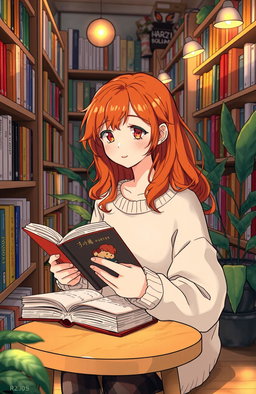 A red-haired girl sitting in a cozy bookstore, engrossed in a book
