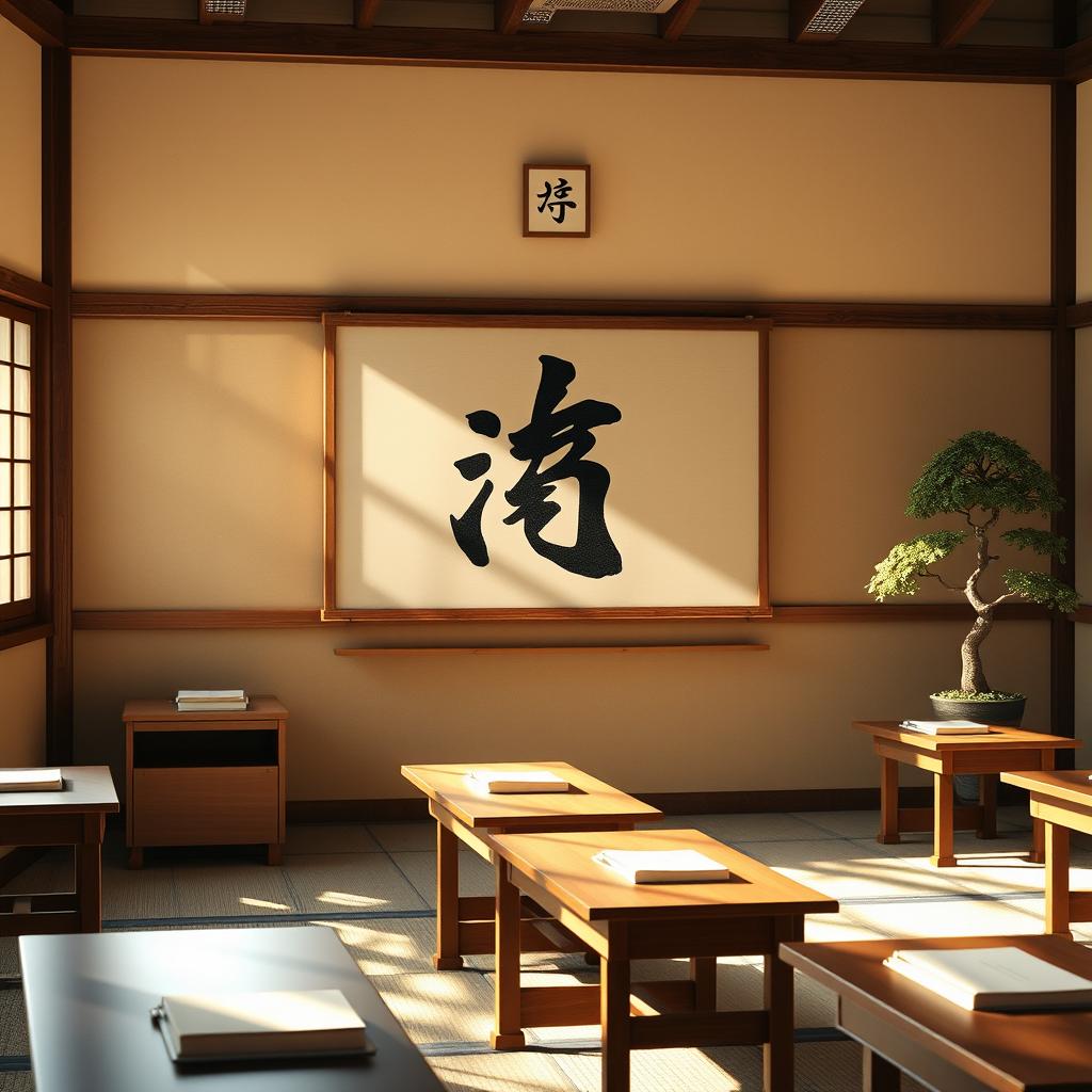 A tranquil and serene Japanese classroom setting, featuring a traditional wooden board adorned with the kanji characters 進和 intricately painted in black