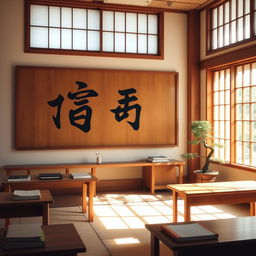 A tranquil and serene Japanese classroom setting, featuring a traditional wooden board adorned with the kanji characters 進和 intricately painted in black